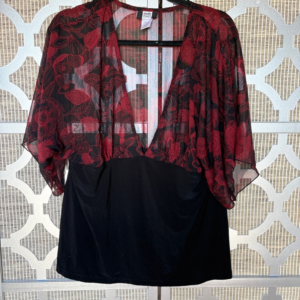 Studio 1940 Black and Red Sheer Floral Blouse